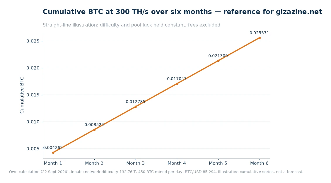 Line chart of cumulative Bitcoin from 0.004262 at month one to 0.025571 at month six for 300 TH/s