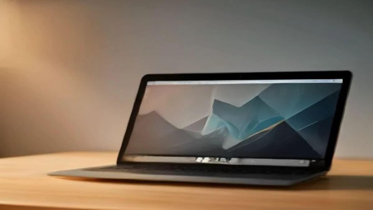 A laptop on a wooden desk showing an abstract rising line chart in warm work light